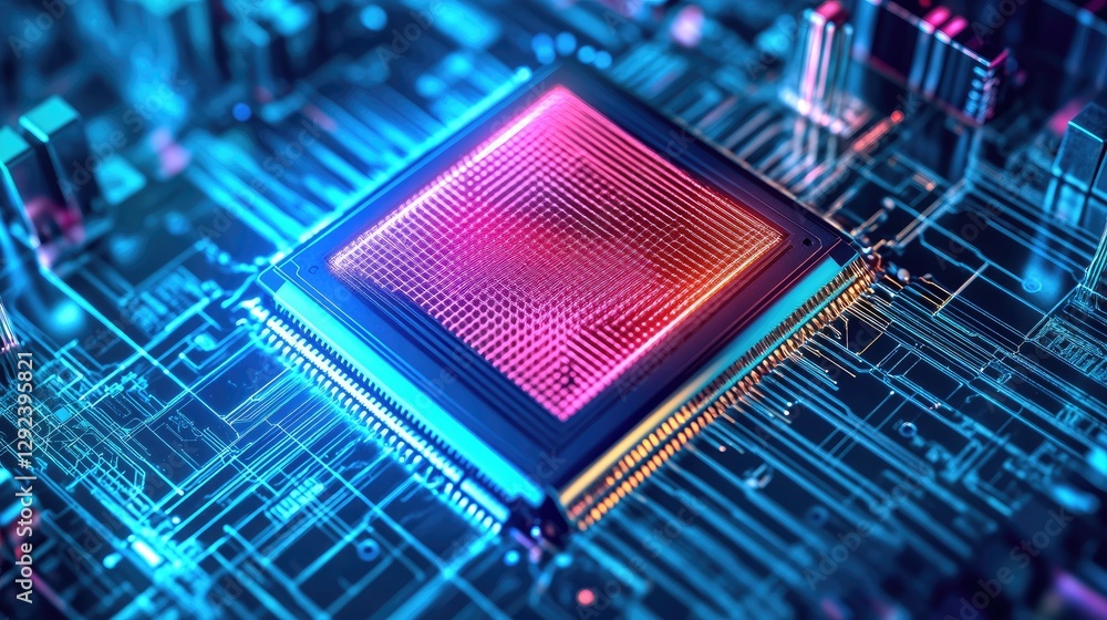 Poster innovative superconducting qubit processor on a bright cyan gradient background, showcasing computat