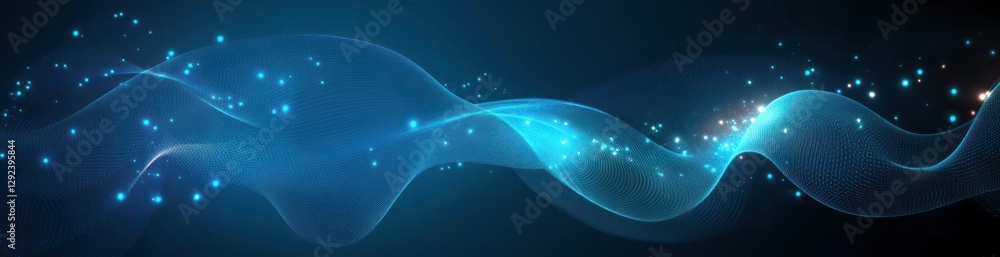 Poster abstract digital background with flowing curves and dots in soft blue and teal gradients with glowin