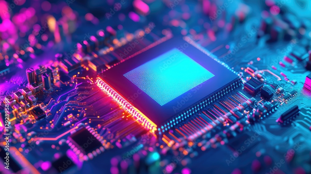 Poster innovative superconducting qubit processor on a bright cyan gradient background, showcasing computat