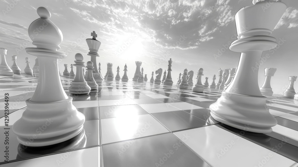 Poster advancing strategic moves on a chessboard game arena visual metaphor competitive environment analyti