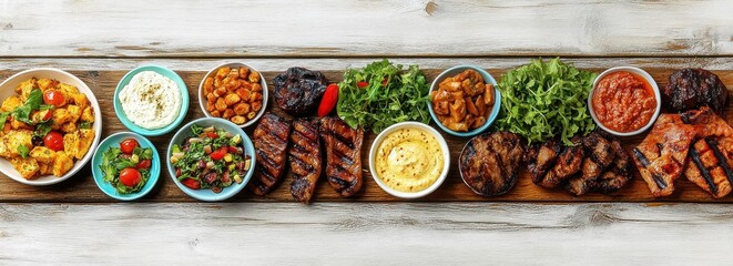 Summer Picnic and BBQ Food Spread with Grilled Meats Salad and Snacks on Rustic Wooden Table