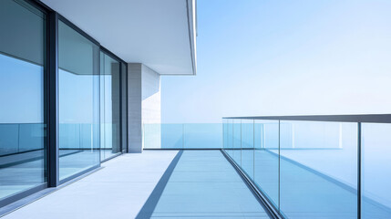 3d glass balcony with window to home living room, office or hotel room. Empty house terrace with glass railing and view of blue sky, vector realistic illustration