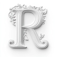 Ornate white letter R, floral design, isolated, elegant, stationery