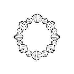 Obraz premium Pen-and-ink drawing of a circle of stylized seashell-like forms around a central open space, on a white background.