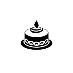 Simple black-and-white illustration of a birthday cake, with a candle-flame on top and a minimalist design.