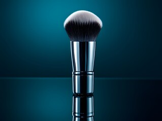 A sleek, reflective makeup brush stands upright against a vibrant blue background, showcasing elegance