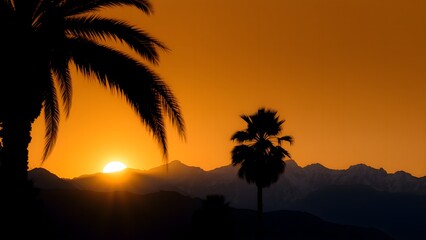 Golden Sunset Palm Treeb Shilouettes Against Mountain Skyline