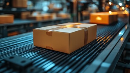 Brown cardboard box on conveyor belt in busy warehouse with glowing lights in background
