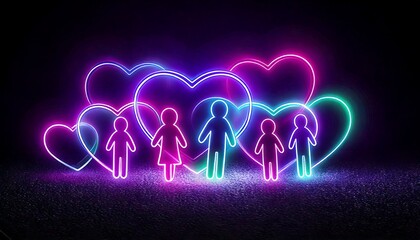 Neon hearts and people walking together in unity