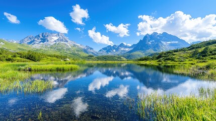 Mountain lake reflection, sunny summer sky, alpine meadow