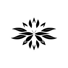 Black Leaf-Shaped Floral Mandala, symmetrical design, with a central focus, arranged on a white background with a minimalist aesthetic.