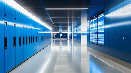 Obraz premium Modern interior with blue lockers and screens along a polished floor hallway