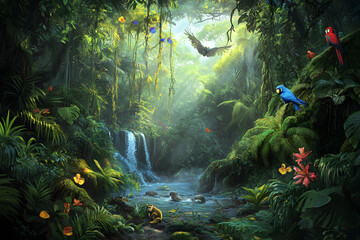 Obraz premium Vibrant Rainforest Ecosystem: Diverse Flora and Fauna in Lush, Misty Wilderness Captured in Exquisite Detail