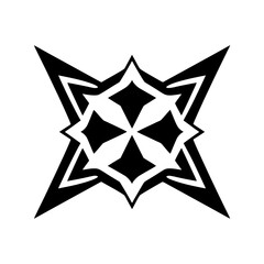 Black and white geometric symmetrical star-shaped design on white background.