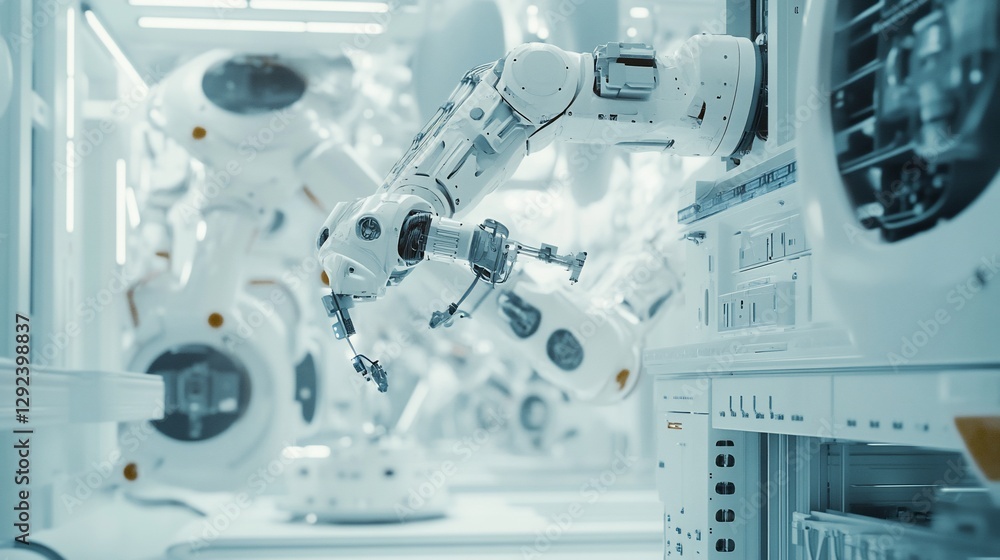 Poster advanced robotic arms working in a clean white automated production factory environment