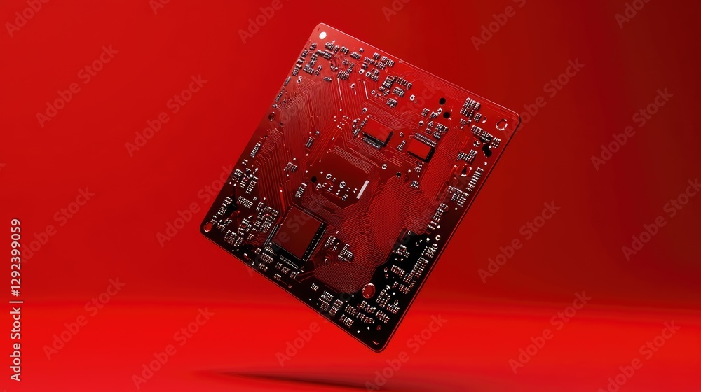 Poster minimalist quantum computing chip floating on a bold red background, highlighting next-gen tech.
