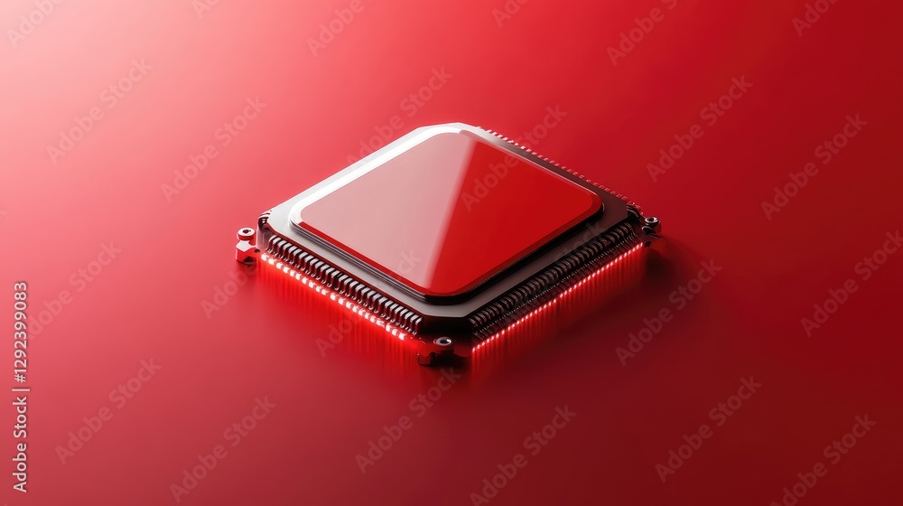 Aufkleber minimalist quantum computing chip floating on a bold red background, highlighting next-gen tech.