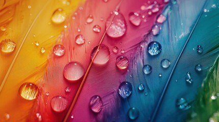 Colorful rainbow feathers with water droplets, showcasing vibrant hues and intricate textures, ideal for backgrounds and creative projects