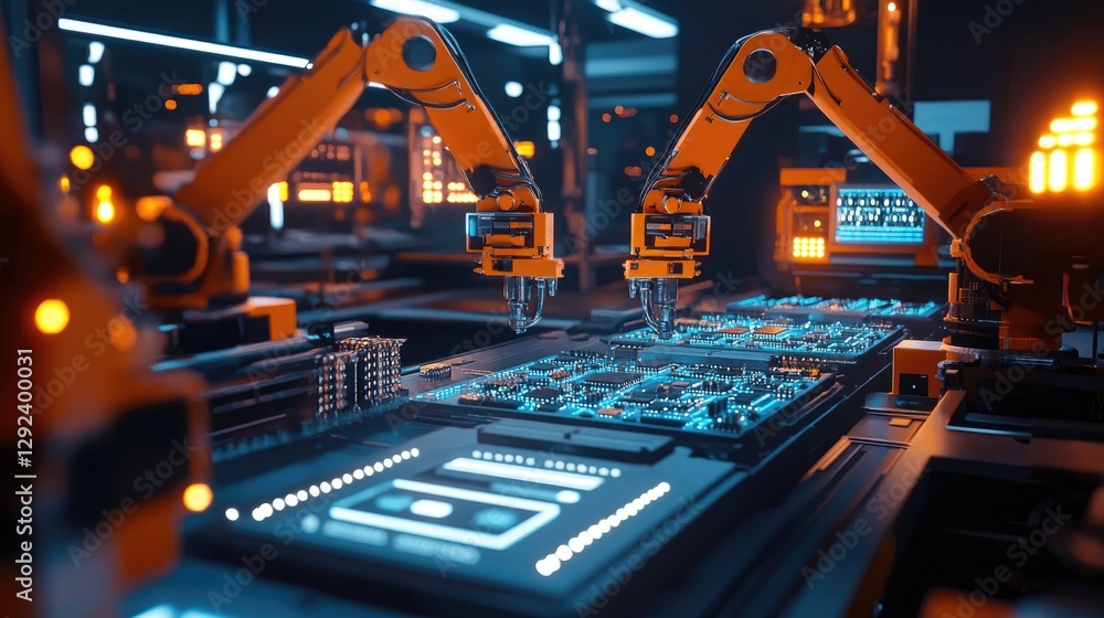 Poster multiple robotic arms assembling microchip-based circuit boards under bright led industrial lighting