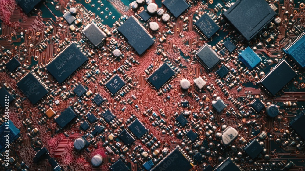 Poster multiple robotic arms equipped with precision tools, assembling high-performance circuit boards.