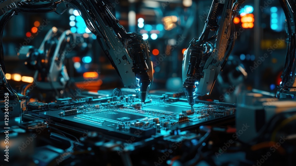 Poster multiple robotic arms working under blue neon lighting, precisely assembling advanced circuit boards