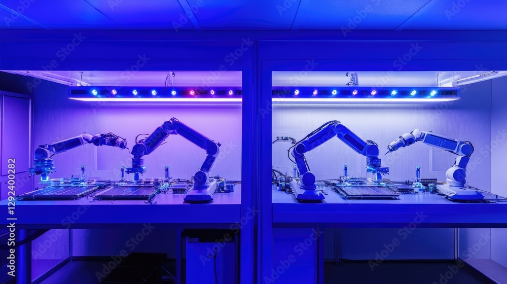Poster multiple robotic arms working under blue neon lighting, precisely assembling advanced circuit boards
