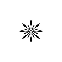 Black symmetrical starburst of stylized leaves set against white background.