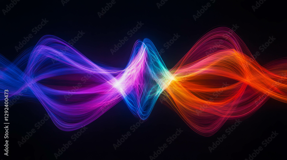 Poster vibrant rainbow light waves creating abstract geometric patterns on dark background