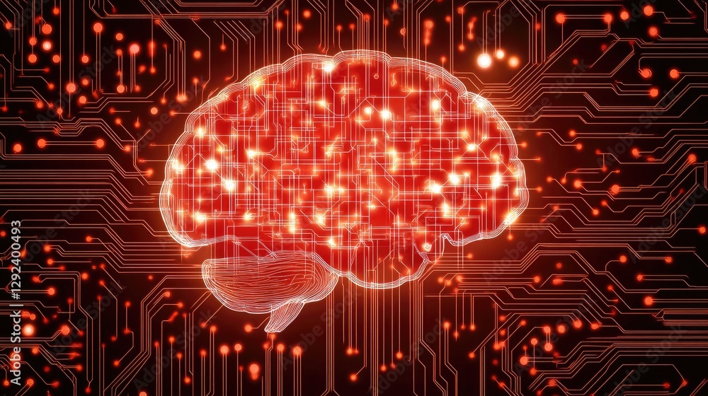 Poster neural interface concept with a floating brain and holographic circuit board communication.