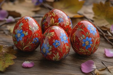 Fototapeta premium Beautifully decorated red eggs with floral patterns on a rustic wooden surface surrounded by petals and leaves