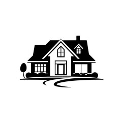 Architectural Line Drawing of a Two-Story House with a Gable Roof, Lawn, and Pathway.