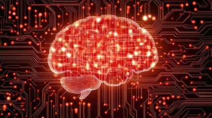 Neural interface concept with a floating brain and holographic circuit board communication.