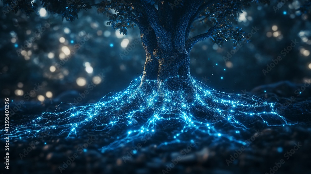 Poster tree roots illuminated with glowing blue light and blurred bokeh background creating a magical scene
