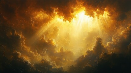 Obraz premium Expansive Aerial Sunset Clouds with Light Rays in Dramatic Sky Above Scenic Landscape