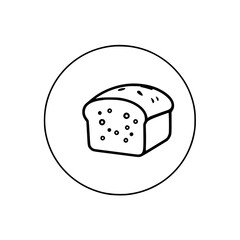 Loaf of bread in circle, black and white line art. A cut piece of bread is placed in a white circle.