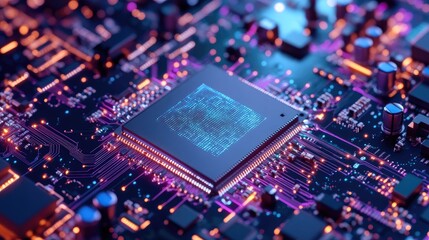 Obraz premium Quantum processor chip floating against a vibrant purple background, showcasing advanced computing technology.