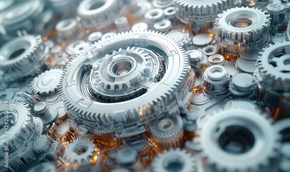 Poster futuristic abstract design of interlocking gears with minimalist style and soft lighting in gray and