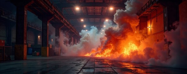 Flaming warehouse with smoke billowing into the air, emergency, flames