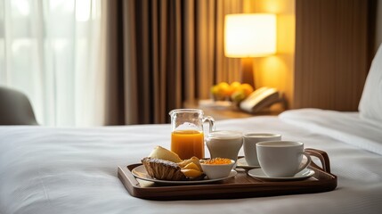 Room service tray with gourmet breakfast, fresh juice, and coffee on a neatly made hotel bed