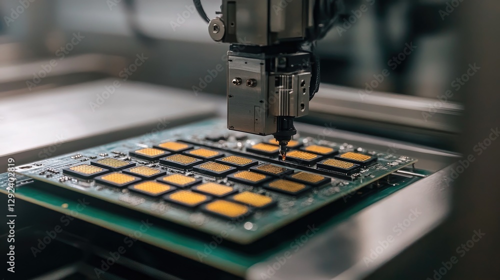 Poster seamless electronics manufacturing process with synchronized robotic arms assembling pcbs.