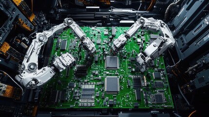 Fototapeta premium Seamless electronics manufacturing process with synchronized robotic arms assembling PCBs.