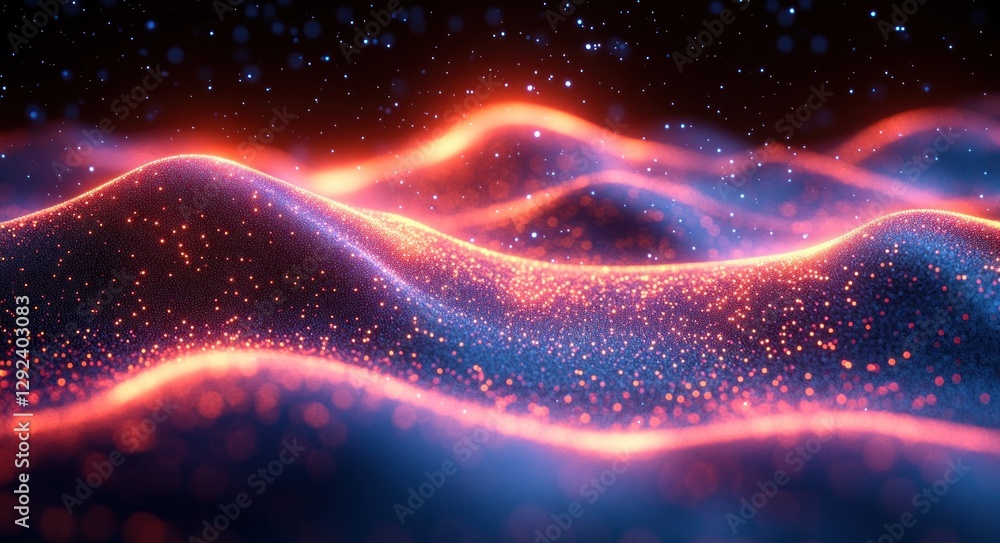 Poster abstract wave motion background with dynamic energy lines and dots in blue and purple