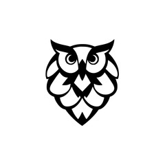 Owl stylized graphic, black and white, minimalist logo with geometric owl silhouette.