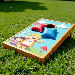Happy bean bag toss game boards with cartoon characters and bright colors, colorful boards, bean bag toss