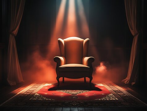 Dramatic vintage armchair in a dimly lit room with theatrical lighting, surrounded by thick curtains and smoke, creating a mysterious and cinematic atmosphere with a luxurious feel

