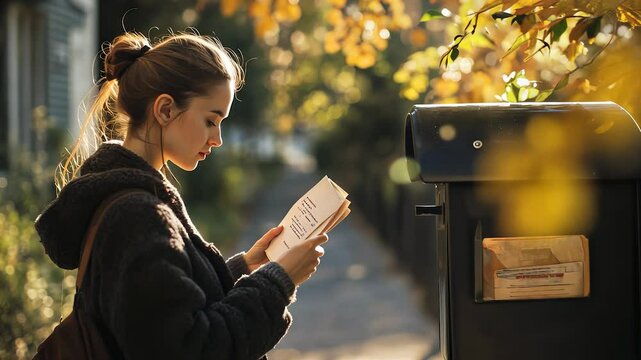 Woman reading letter in mailbox. Girl reading street newspaper. Tree with a mailbox in the background blurred. A woman is looking at a letter in a lifestyle mailbox.