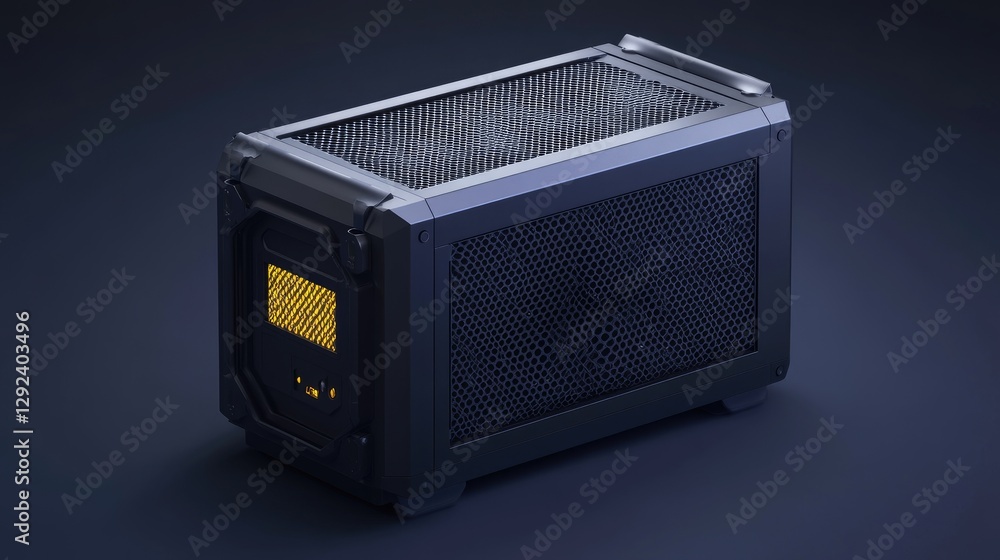 Poster sleek, futuristic quantum server unit on a deep indigo background, symbolizing computational power.