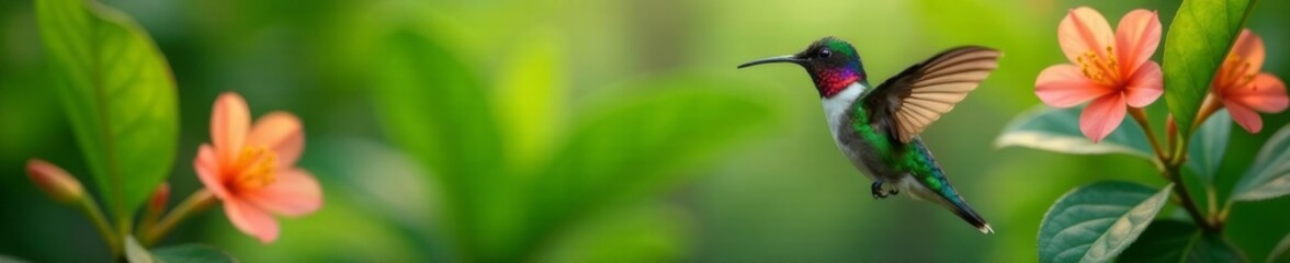 Hummingbird in tropical garden with greenery and flowers , Greenery, Flowers