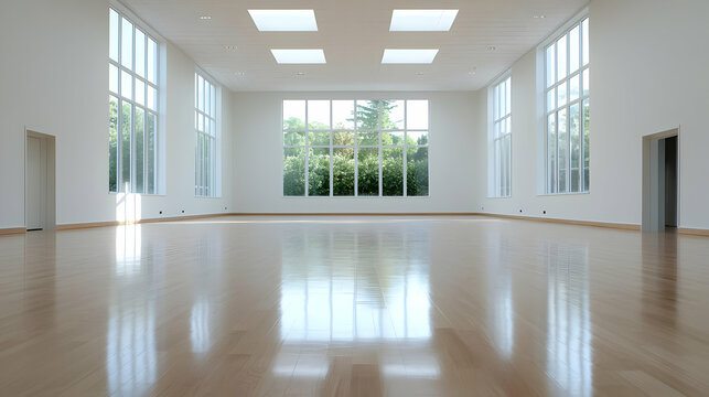 Spacious room with large windows, garden view, hardwood floor, perfect for events