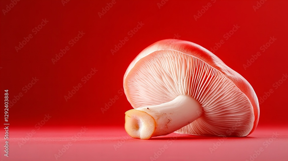 Poster a vibrant pink mushroom rests on a matching red background, creating a striking visual contrast.